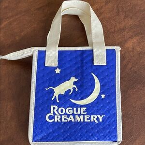 Rogue Creamery tote insulated bag with double handles and zip top closure